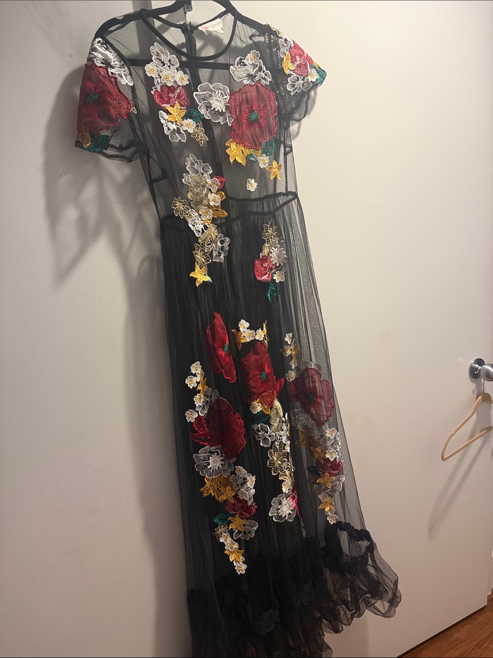 Black Sheer Maxi Dress with Red & Yellow Floral Embroidery